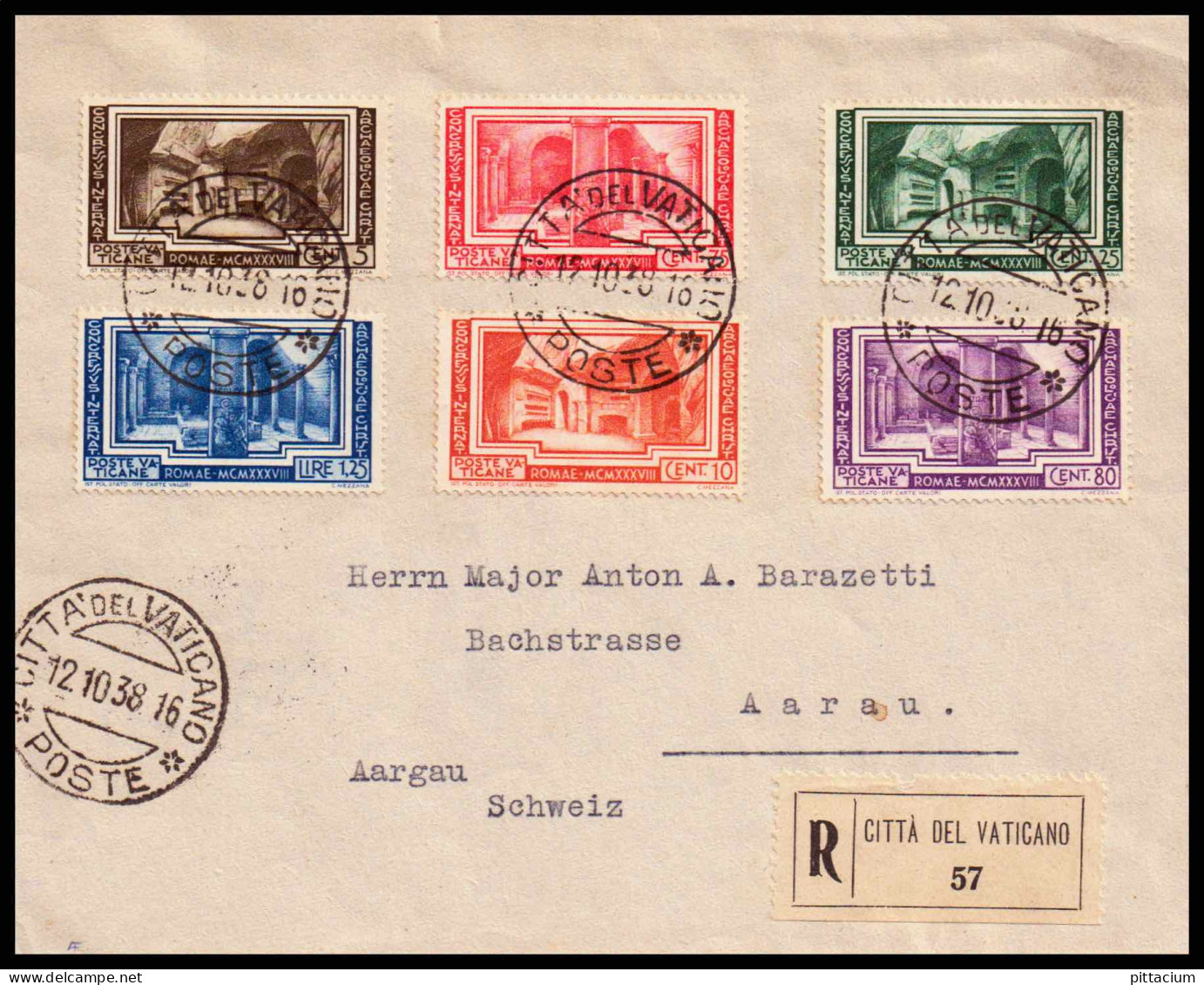 Vatikan 1938: FDC-Einschreibebrief  | R-Zettel | Citta Del Vaticano, Aarau - Brieven En Documenten