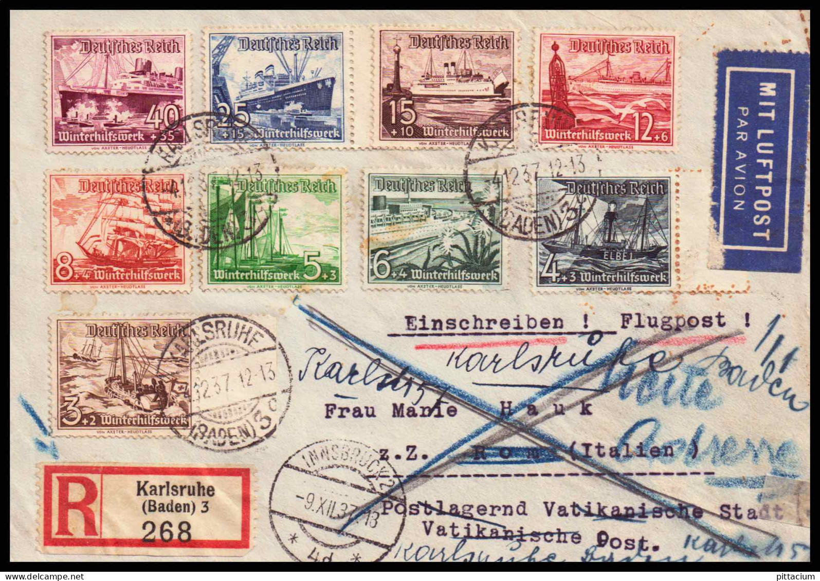 Vatikan 1937: Einschreiben  | Flugpost, R-Zettel, Unikat | Citta Del Vaticano, Karlsbad - Covers & Documents