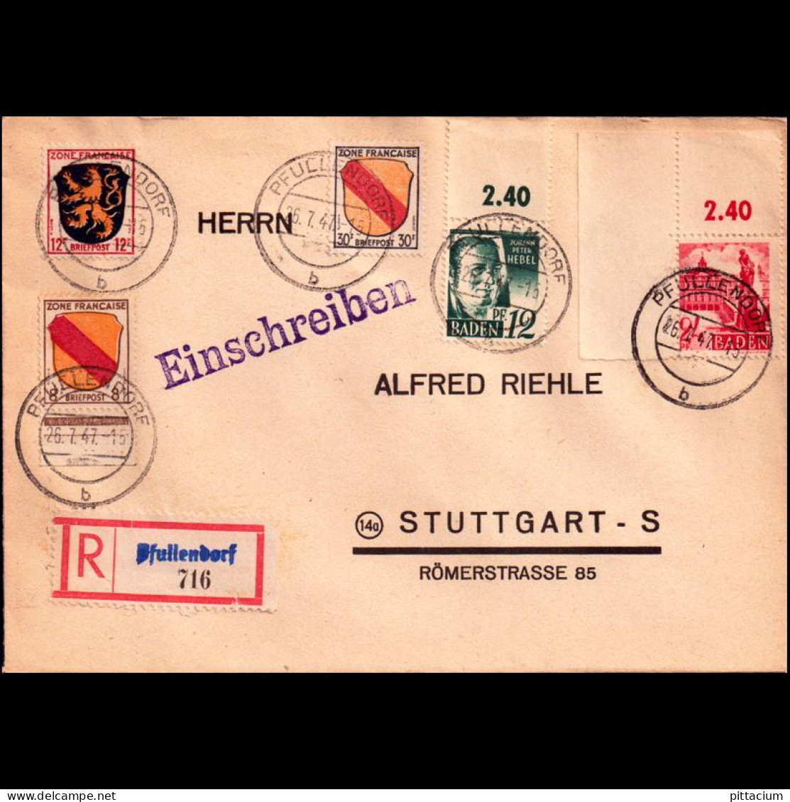 Alleiierte Besetzung 1947: Brief / Einschreibebrief | Portostufen, Eckrand, MIF Fr. Zone | Pfullendorf, Stuttgart - Libye