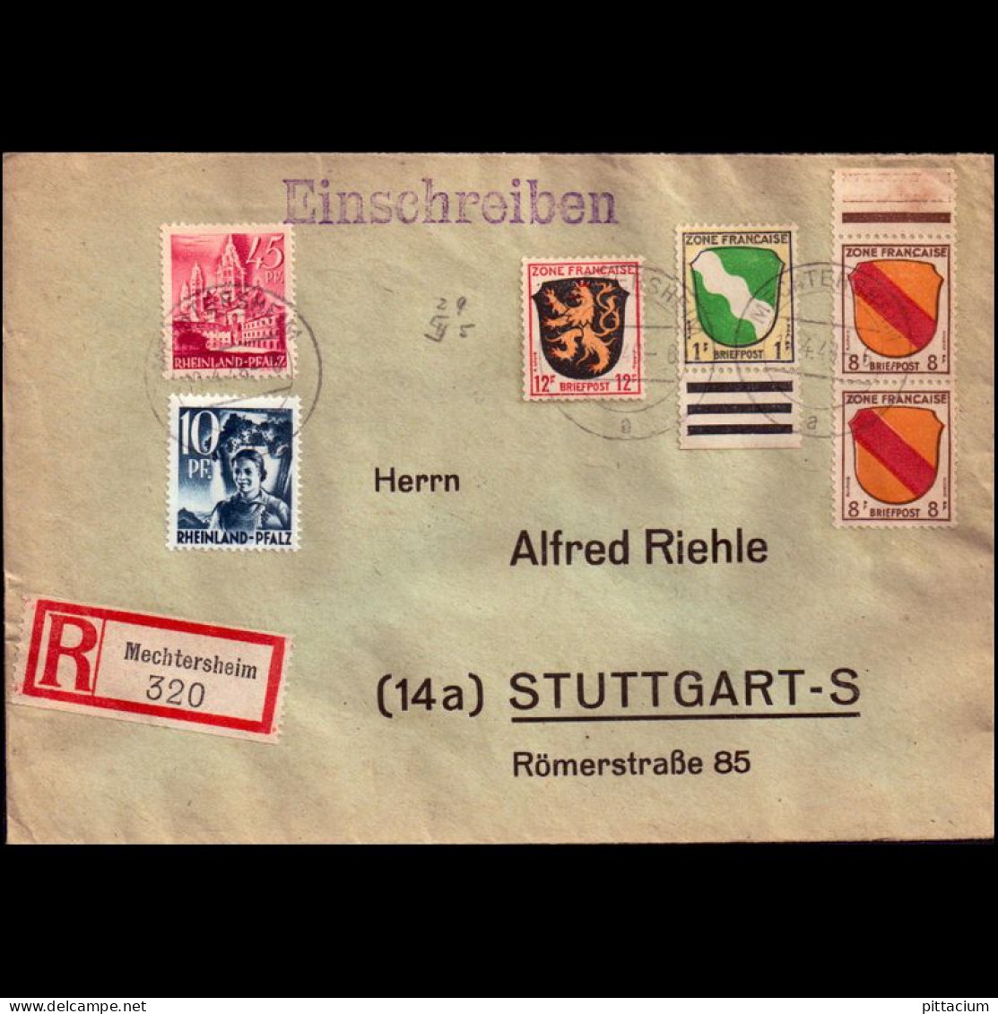 Alleiierte Besetzung 1948: Brief / Einschreibebrief | Portostufen, Oberrand, MIF Fr. Zone | Mechtersheim, Stuttgart - Libië