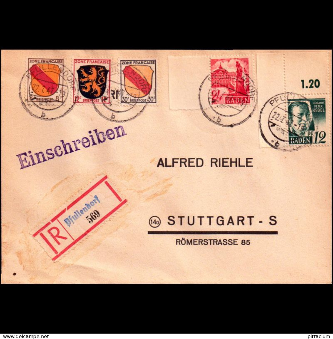 Alleiierte Besetzung 1947: Brief / Einschreibebrief | Portostufen, Eckrand, MIF Fr. Zone | Pfullendorf, Stuttgart - Libia