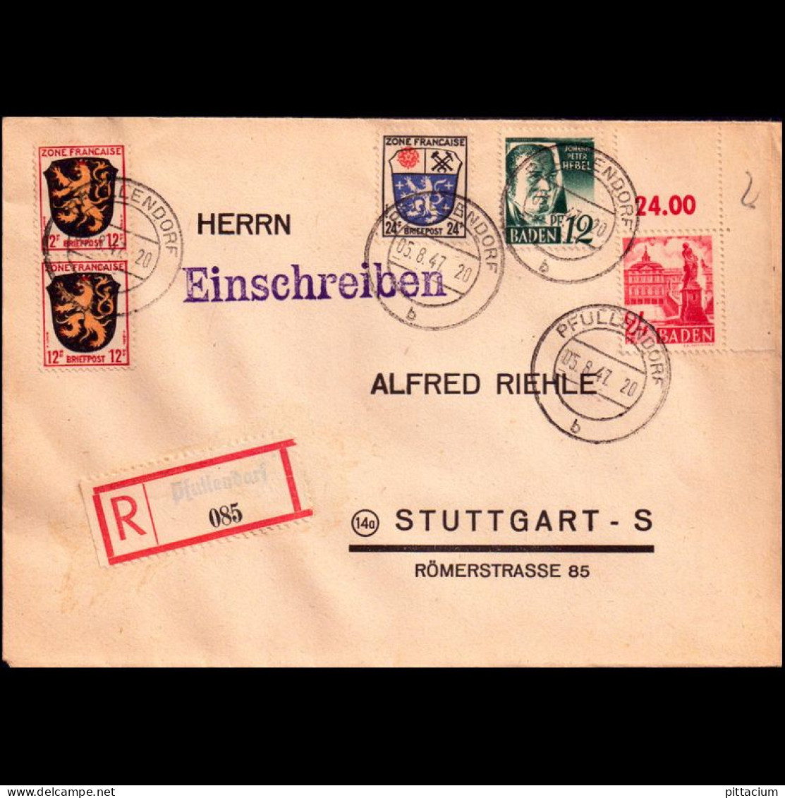 Alleiierte Besetzung 1947: Brief / Einschreibebrief | Portostufen, Eckrand, MIF Fr. Zone | Pfullendorf, Stuttgart - Libye