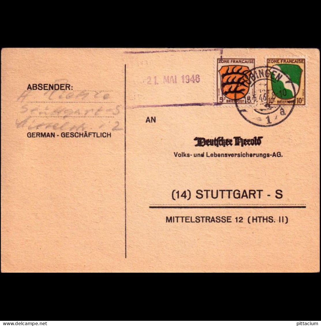 Alleiierte Besetzung 1946: Postkarte  | Portostufen, Versicherung, Herold | Tübingen, Stuttgart - Libya