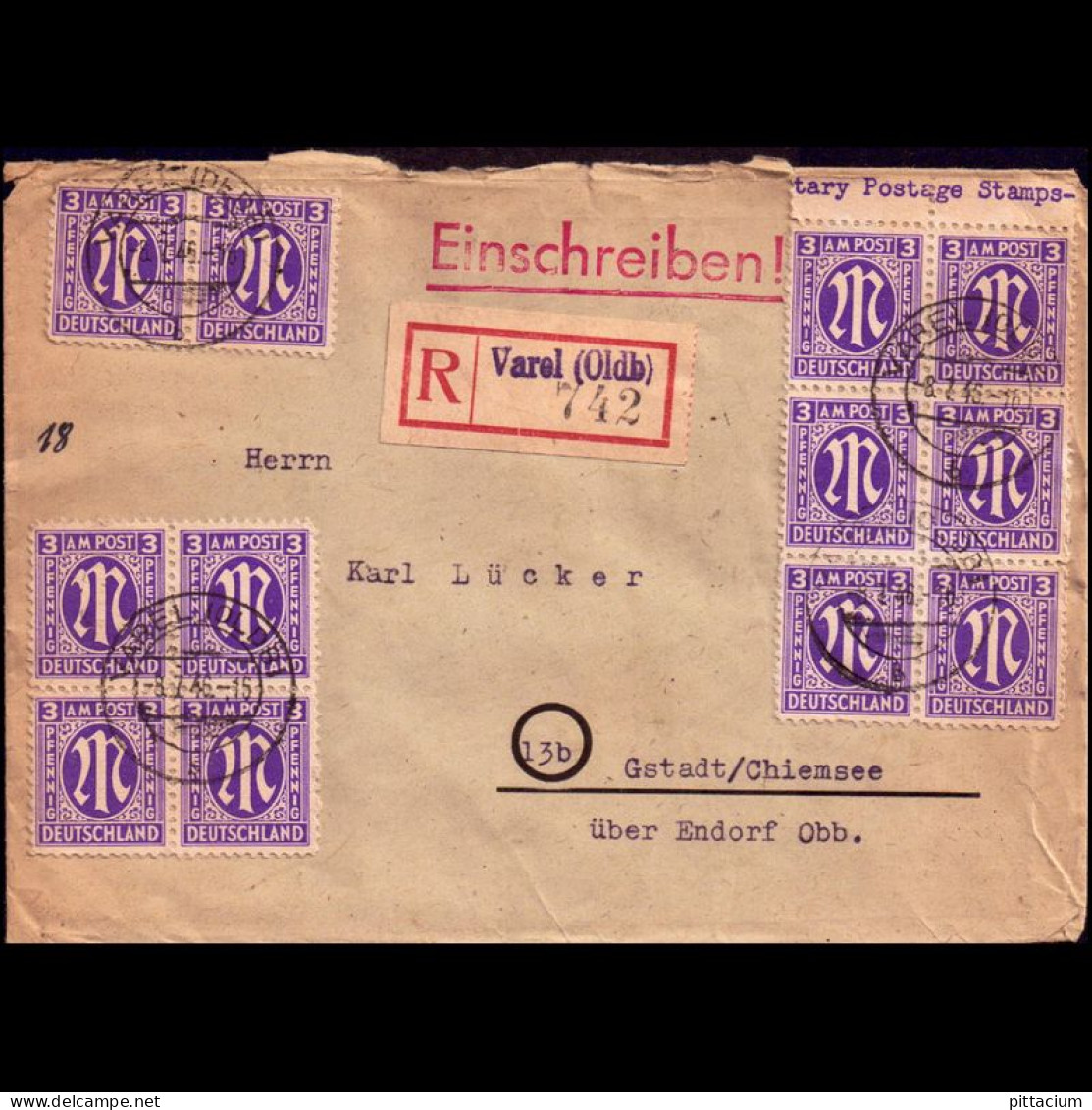 Alleiierte Besetzung 1946: Brief, Einschreibebrief Einzelfrankatur | Portostufen, Oberrand, Fernbrief | Varel, Gstadt - Libye