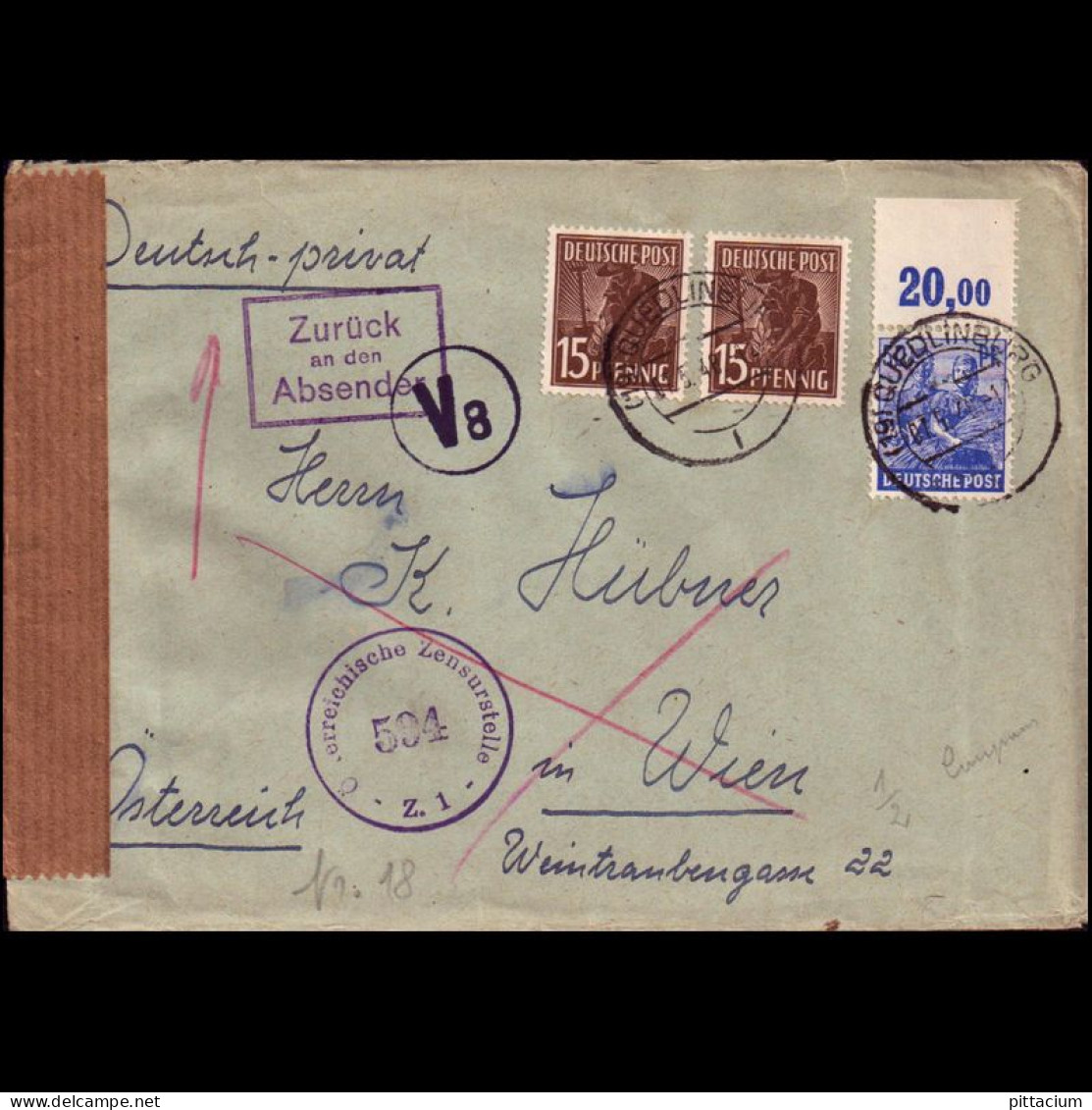 Alleiierte Besetzung 1948: Brief  | Portostufen, Oberrand | Quedlinburg, Wien - Libye