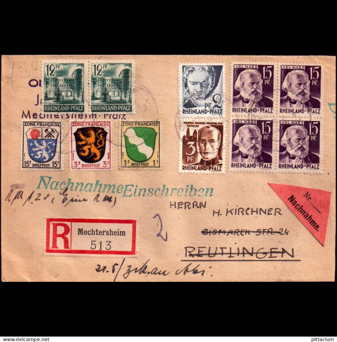Alleiierte Besetzung 1948: Brief, Nachnahme-Einschreiben Mischfrankatur Von Zwei Zonen Ländern | Portostufen | Mechtersh - Libyen