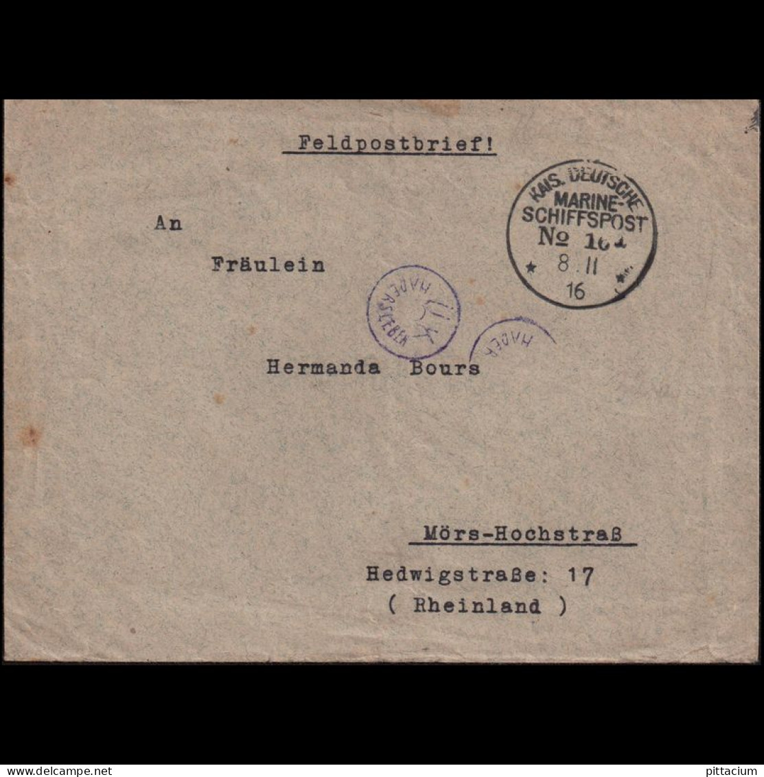 Deutschland 1916: Feldpostbrief / Marineschiffspost | U-Bootfalle, Hilfsschiff, Geleitzug | Feldpost, Mörs - Other & Unclassified