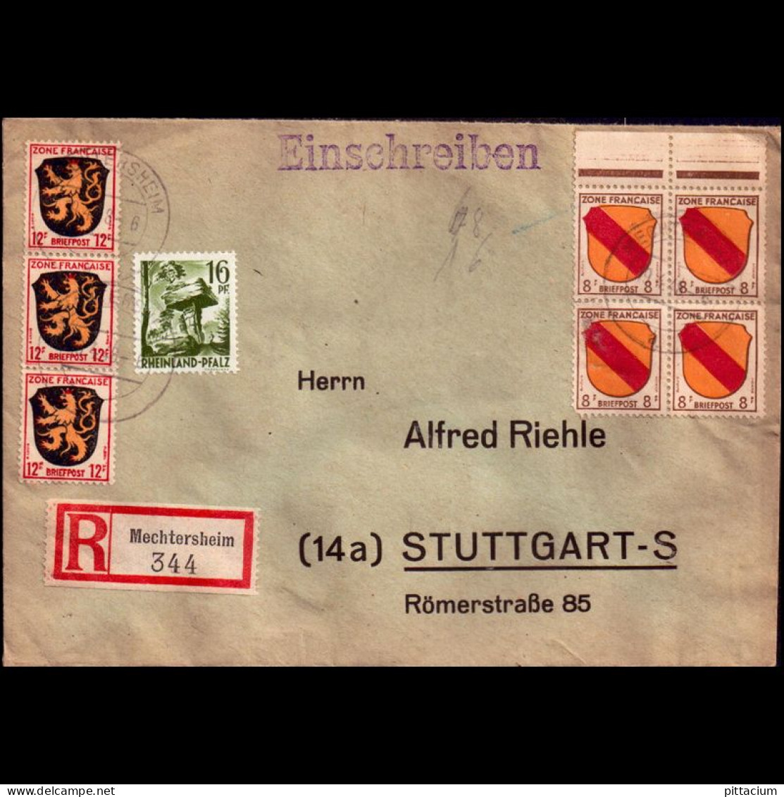 Alleiierte Besetzung 1948: Brief / Einschreibebrief | Portostufen, Oberrand, MIF Fr. Zone | Mechtersheim, Stuttgart - Libye