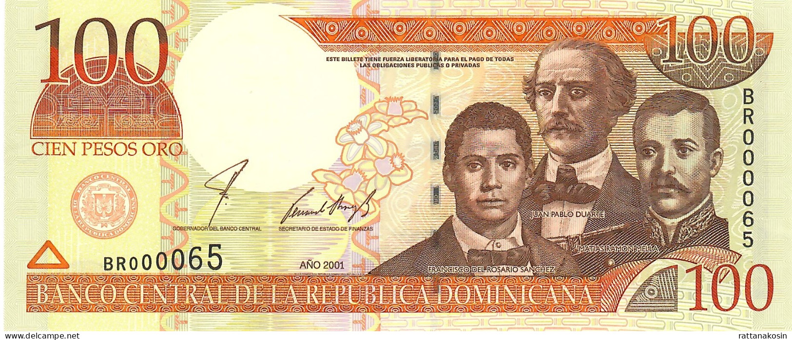 DOMINICAN REPUBLIC P171a 100 PESOS 2001 Signature 40 #BR000065   UNC. - Dominikanische Rep.