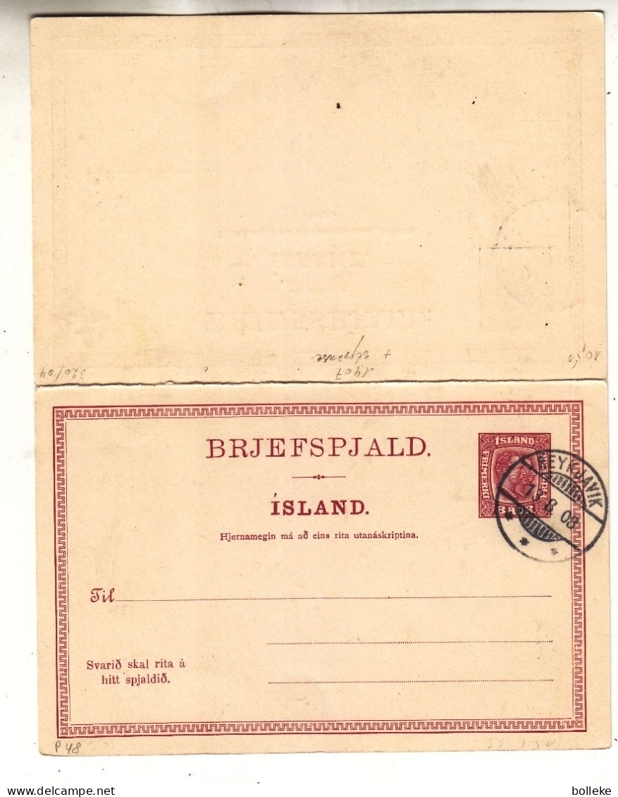 Islande - Carte Postale Avec Réponse De 1908 - Entier Postal - Oblit Reykjavik - - Storia Postale