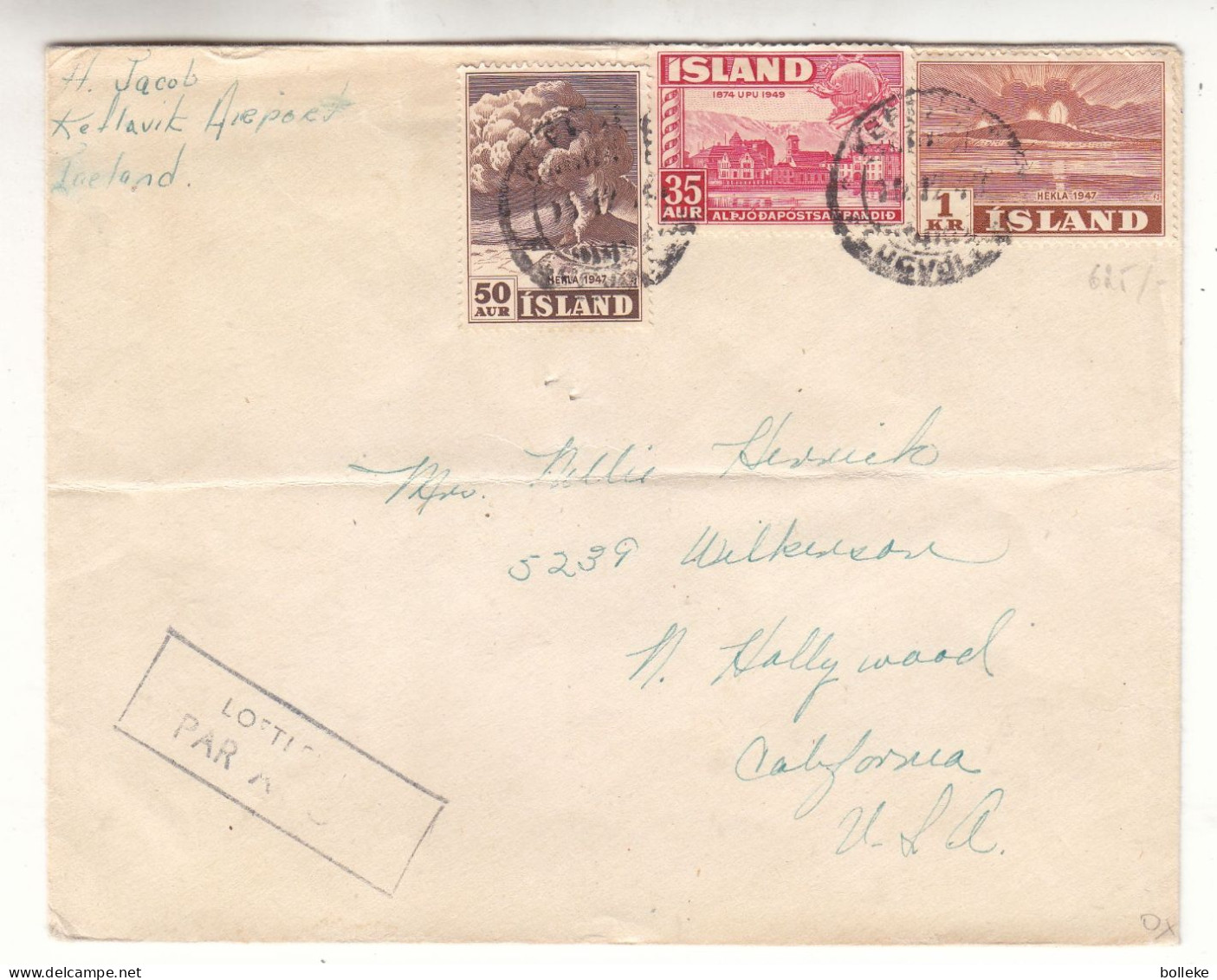 Islande - Lettre De 1949 - Oblit Keflavik  ? - Exp Vers La Californie - U.P.U. - Volcans - Hekla - - Cartas & Documentos