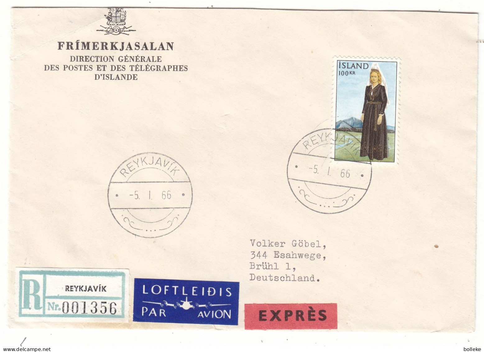 Islande - Lettre Recom Exprès De 1966 - Oblit Reykjavik - Costumes - Cachet Hamburg Flughafen Et Schwege - - Lettres & Documents