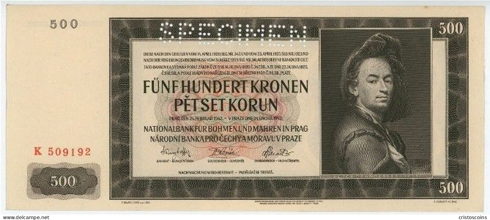 1942 Boemia & Moravia Specimen 500 Korun P.115 UNC (B/1-43 - Specimen