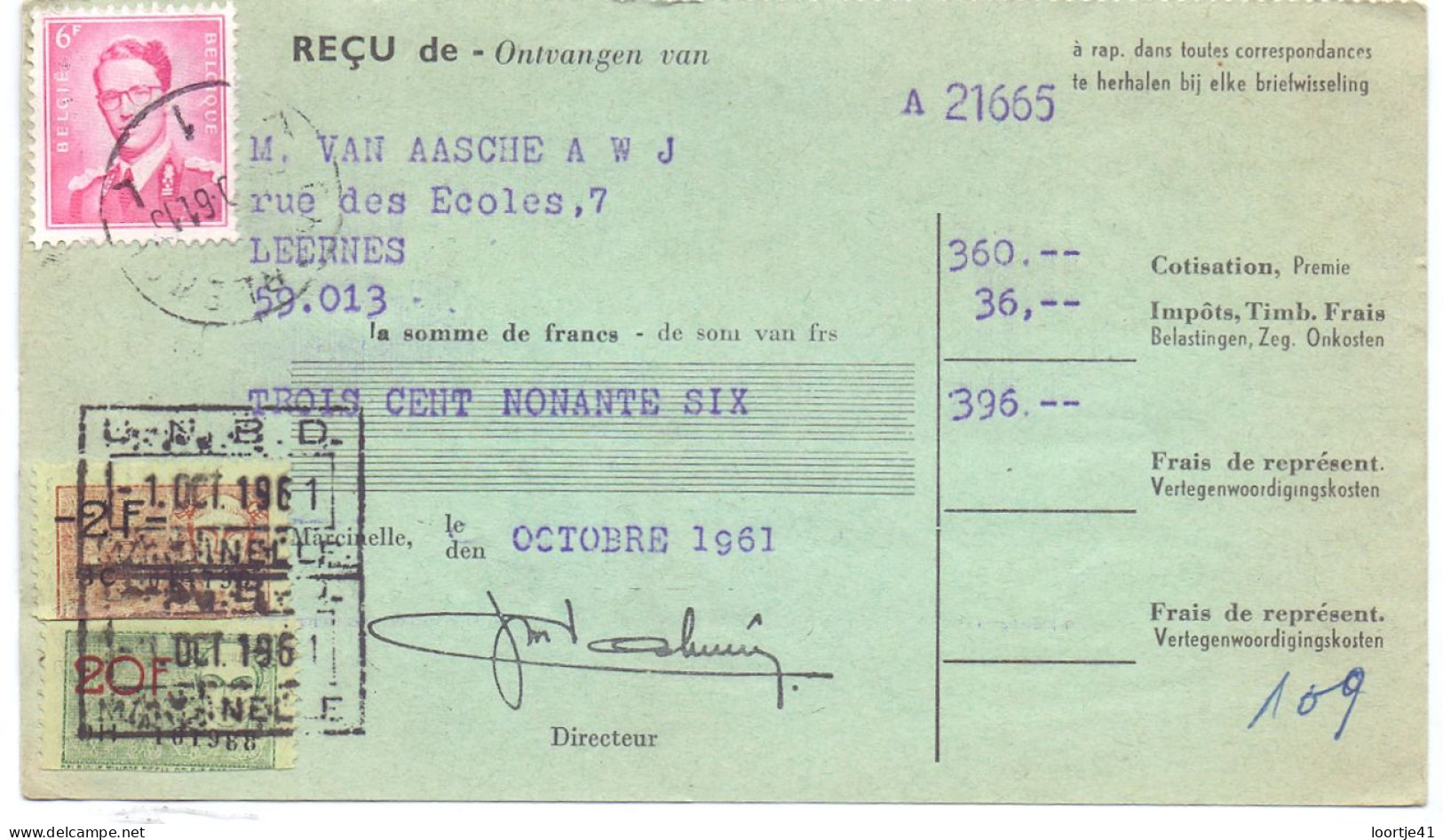 Ontvangkaart - Carte Récépisse - Marcinelle Charleroi - Leernes 1961 - Otros & Sin Clasificación