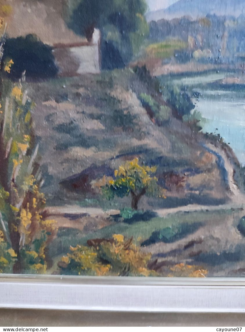 R. SORREL huile sur toile marouflée sur carton "Paysage de montagne rivière et ferme" encadrée