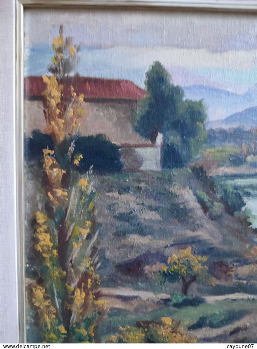 R. SORREL huile sur toile marouflée sur carton "Paysage de montagne rivière et ferme" encadrée