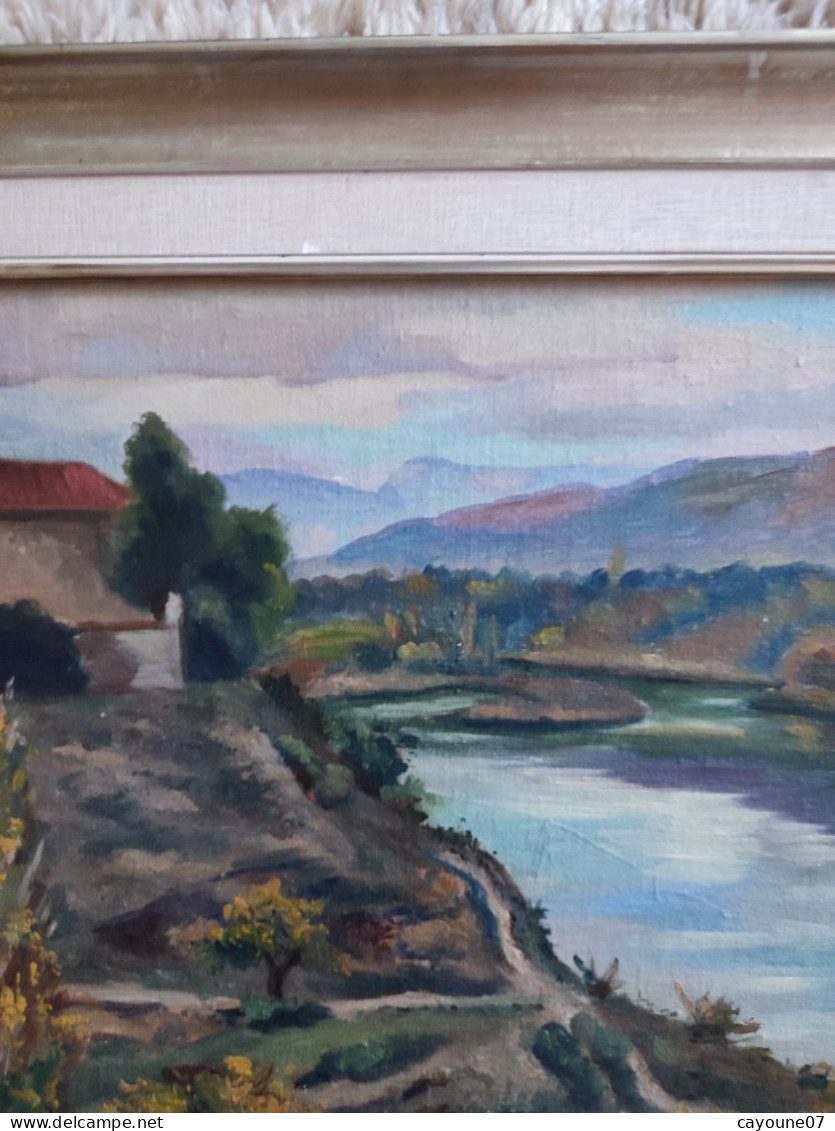 R. SORREL huile sur toile marouflée sur carton "Paysage de montagne rivière et ferme" encadrée