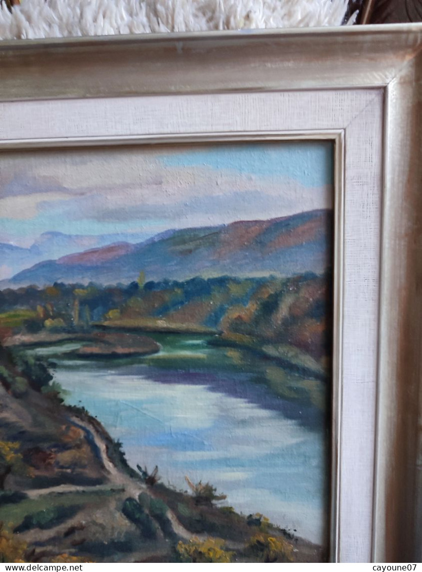 R. SORREL huile sur toile marouflée sur carton "Paysage de montagne rivière et ferme" encadrée