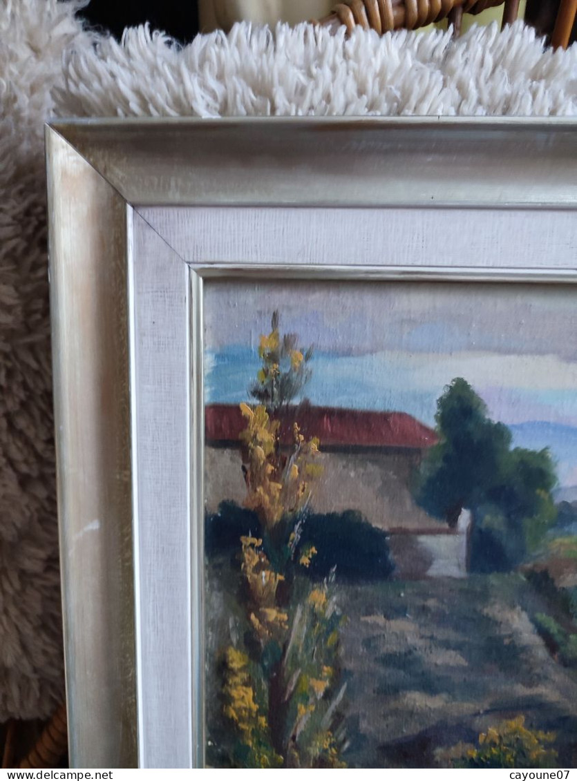 R. SORREL huile sur toile marouflée sur carton "Paysage de montagne rivière et ferme" encadrée