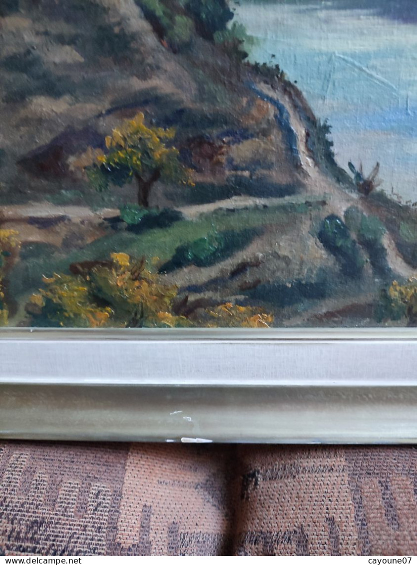 R. SORREL huile sur toile marouflée sur carton "Paysage de montagne rivière et ferme" encadrée