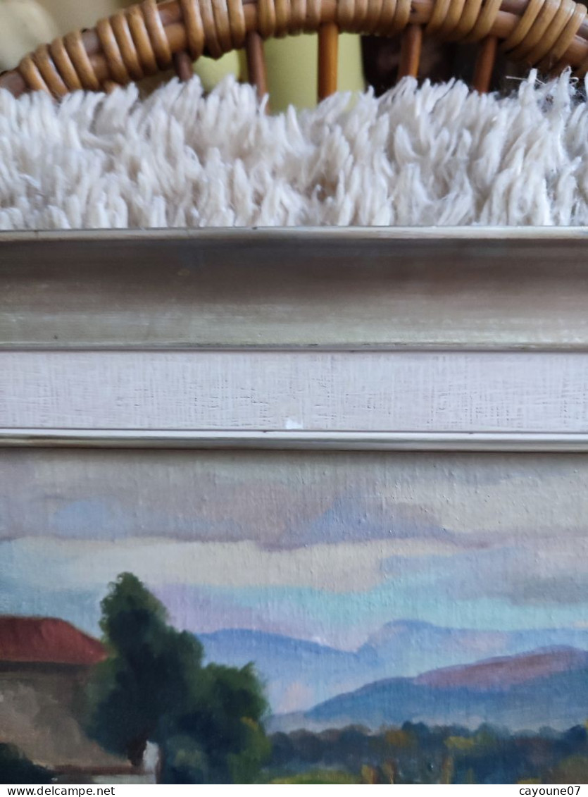 R. SORREL huile sur toile marouflée sur carton "Paysage de montagne rivière et ferme" encadrée