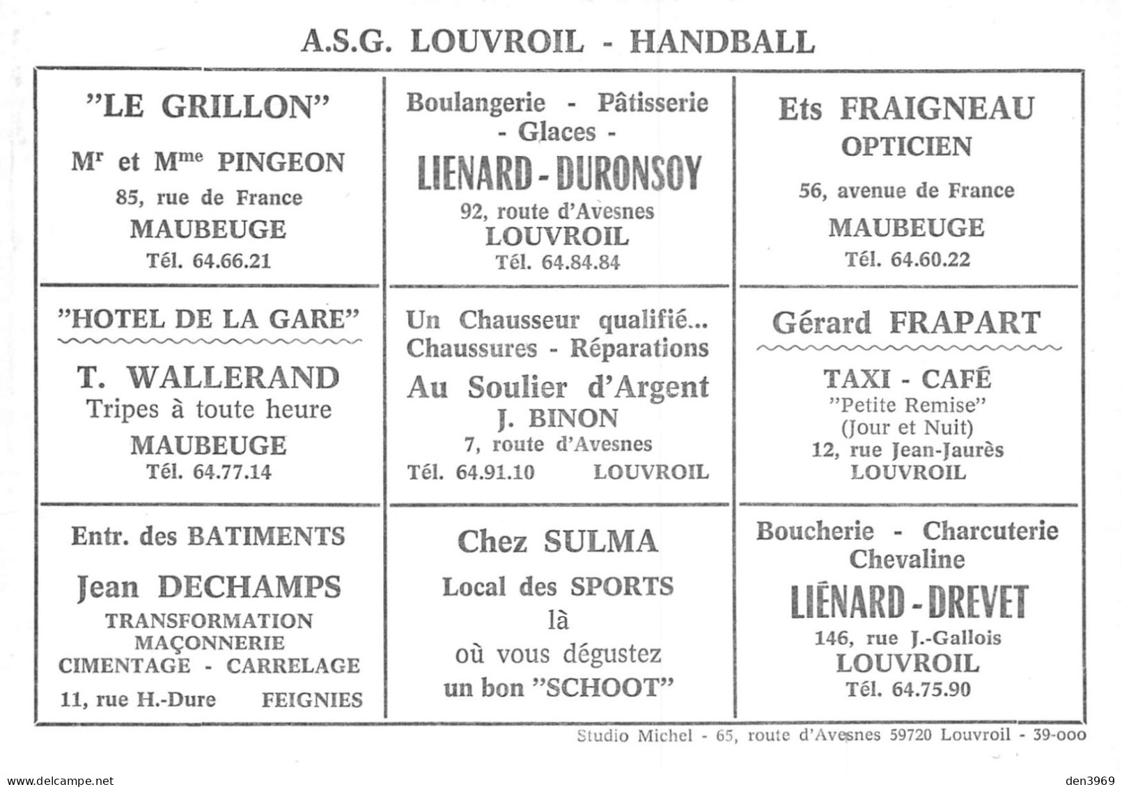 A.S.G. LOUVROIL (Nord) - Equipe De Handball - Publicités Au Verso : Maubeuge, Feignies Maçon Jean Dechamps (2 Scans) - Louvroil