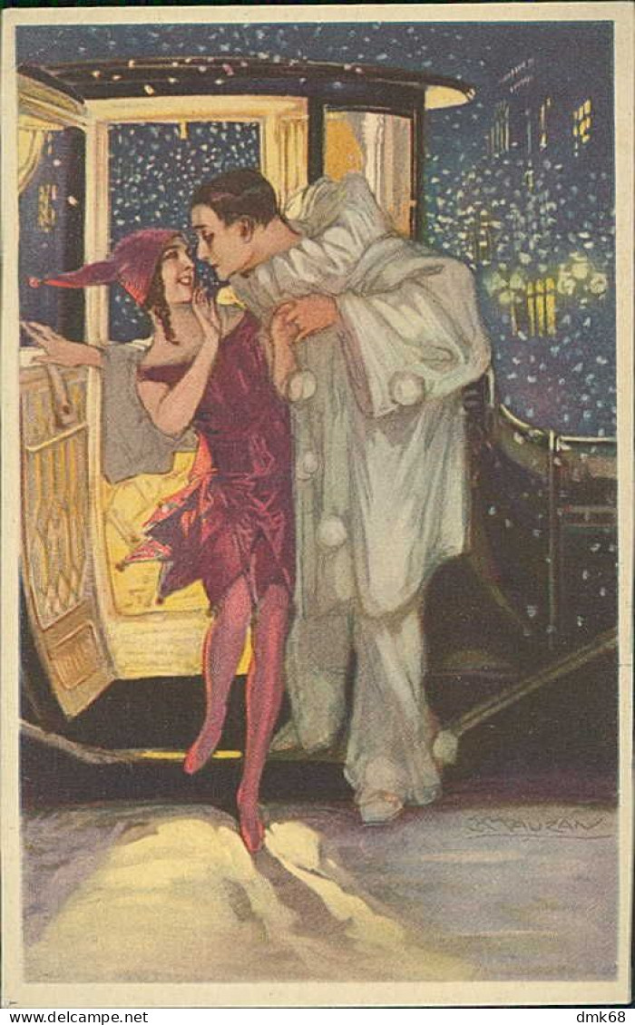 MAUZAN SIGNED 1910s POSTCARD - PIERROT KISSING WOMAN & CAR - N.276/6  (4804) - Mauzan, L.A.