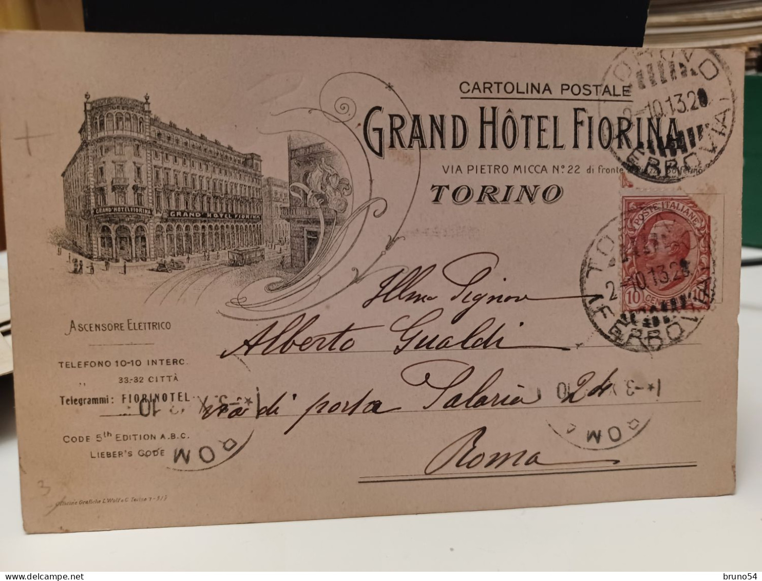 Cartolina Grand Hotel Fiorina Torino 1913 ,via Pietro Micca - Bar, Alberghi & Ristoranti