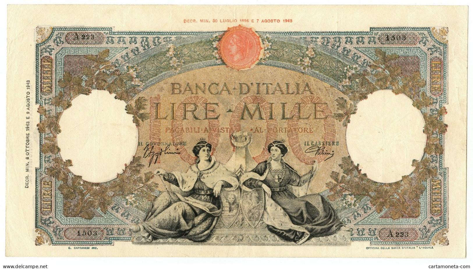 1000 LIRE CAPRANESI REPUBBLICHE MARINARE REGINE RETRO BI RSI 08/10/1943 BB/SPL - Regno D'Italia - Altri