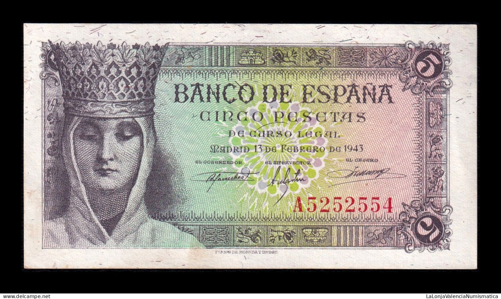 España Spain 5 Pesetas Isabel I De Castilla 1943 Pick 127 Serie A Sc- AUnc - 5 Peseten