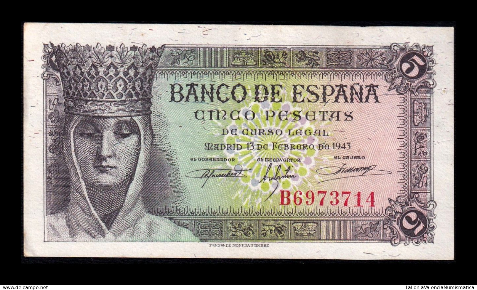 España Spain 5 Pesetas Isabel I De Castilla 1943 Pick 127 Serie B Sc- AUnc - 5 Pesetas