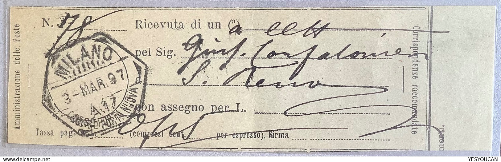 R ! Agenzie Postali MILANO A17 CORSO PORTA NUEVA 1897  Ricevuta Raccomandate Italia (lettera - Marcophilie