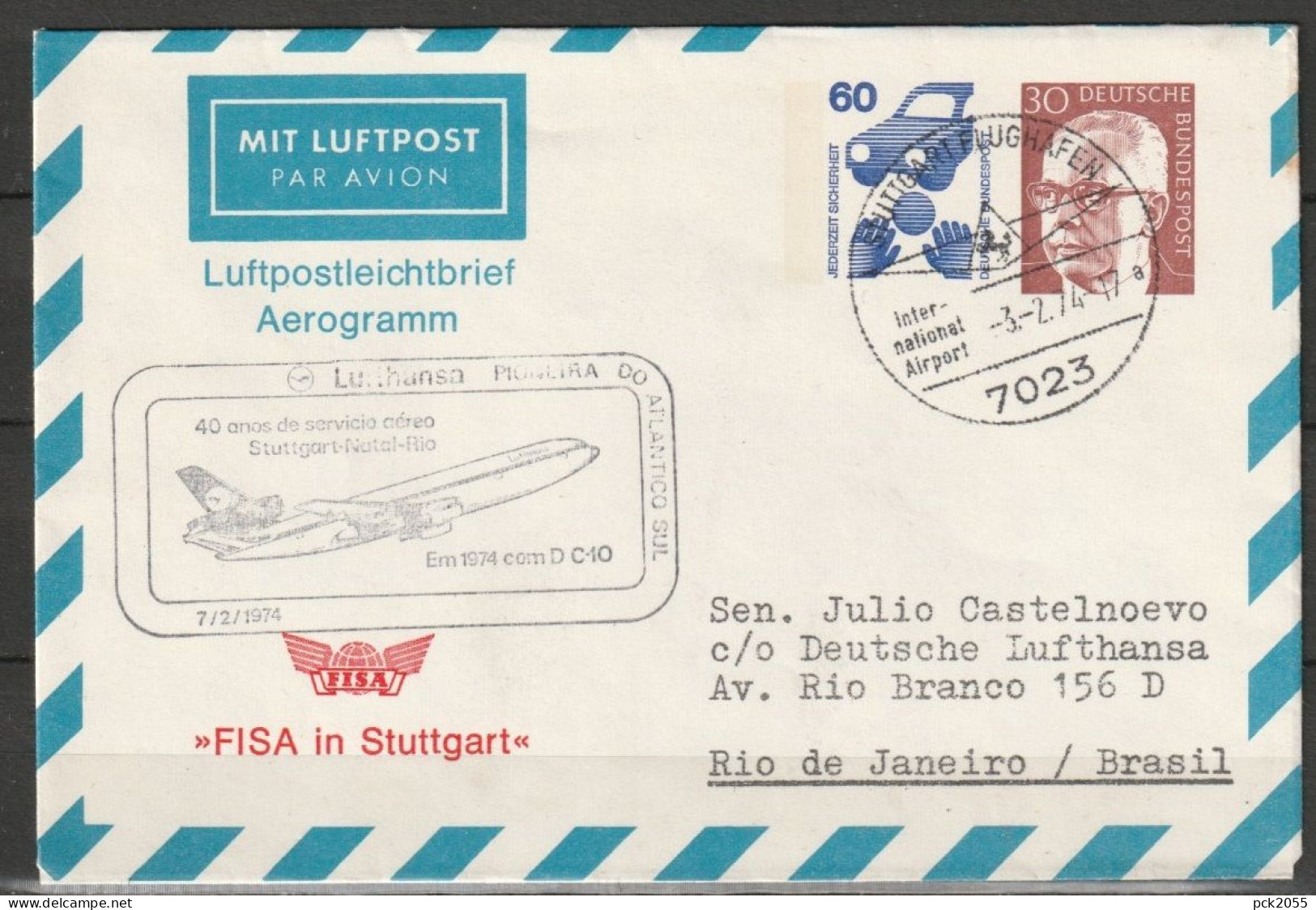 BRD Flugpost /40 Jahre Südatlantik Verkehr Boeing707 Stuttgart - Rio De Janeiro 3.2.1974 Ankunftstempel 7.2.74 (FP 111) - Primi Voli