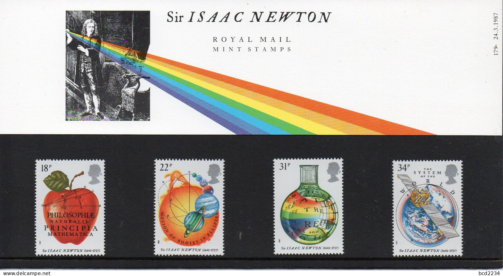 GB GREAT BRITAIN 1987 NEWTON 300TH ANNIVERSARY PRINCIPIA MATHEMATICA PRESENTATION PACK No 179 +ALL INSERTS APPLE - Presentation Packs