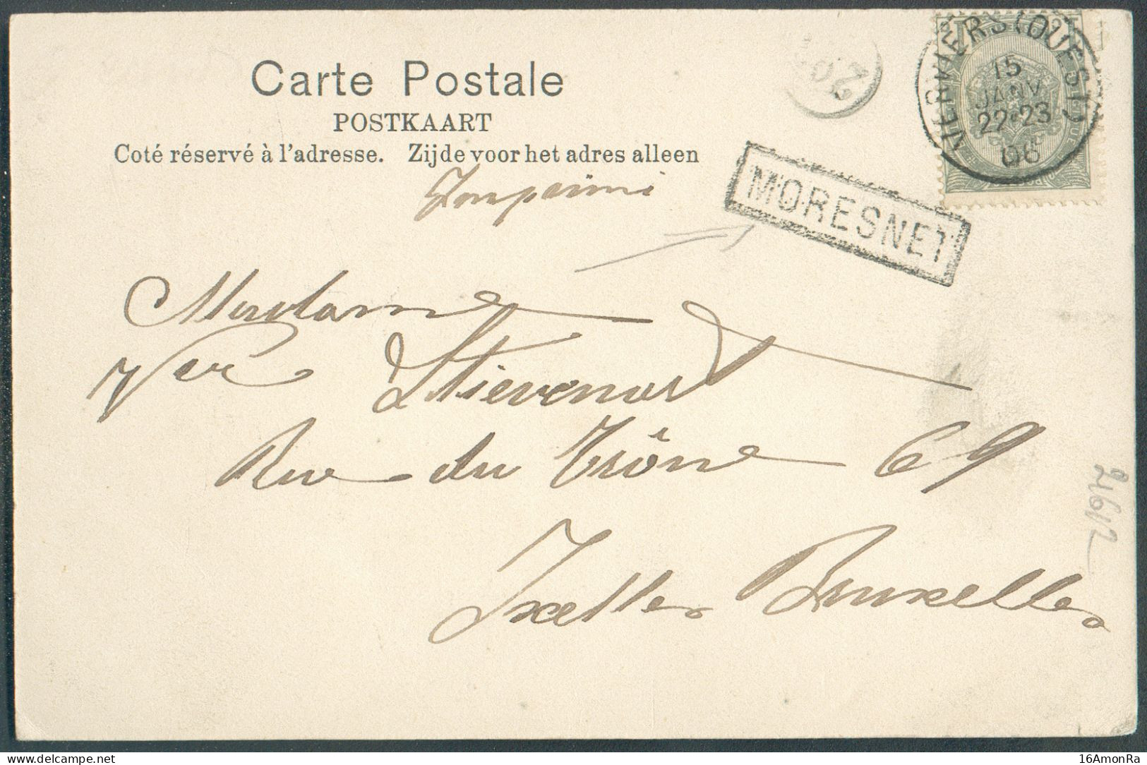 CANTONS De L'EST - N°53 - 1c. Obl. Sc VERVIERS (OUEST) Sur C.P. (Vue CHATEAU D' EULENBOURG Moresnet) Du 15 Janv. 1906 + - Griffes Linéaires