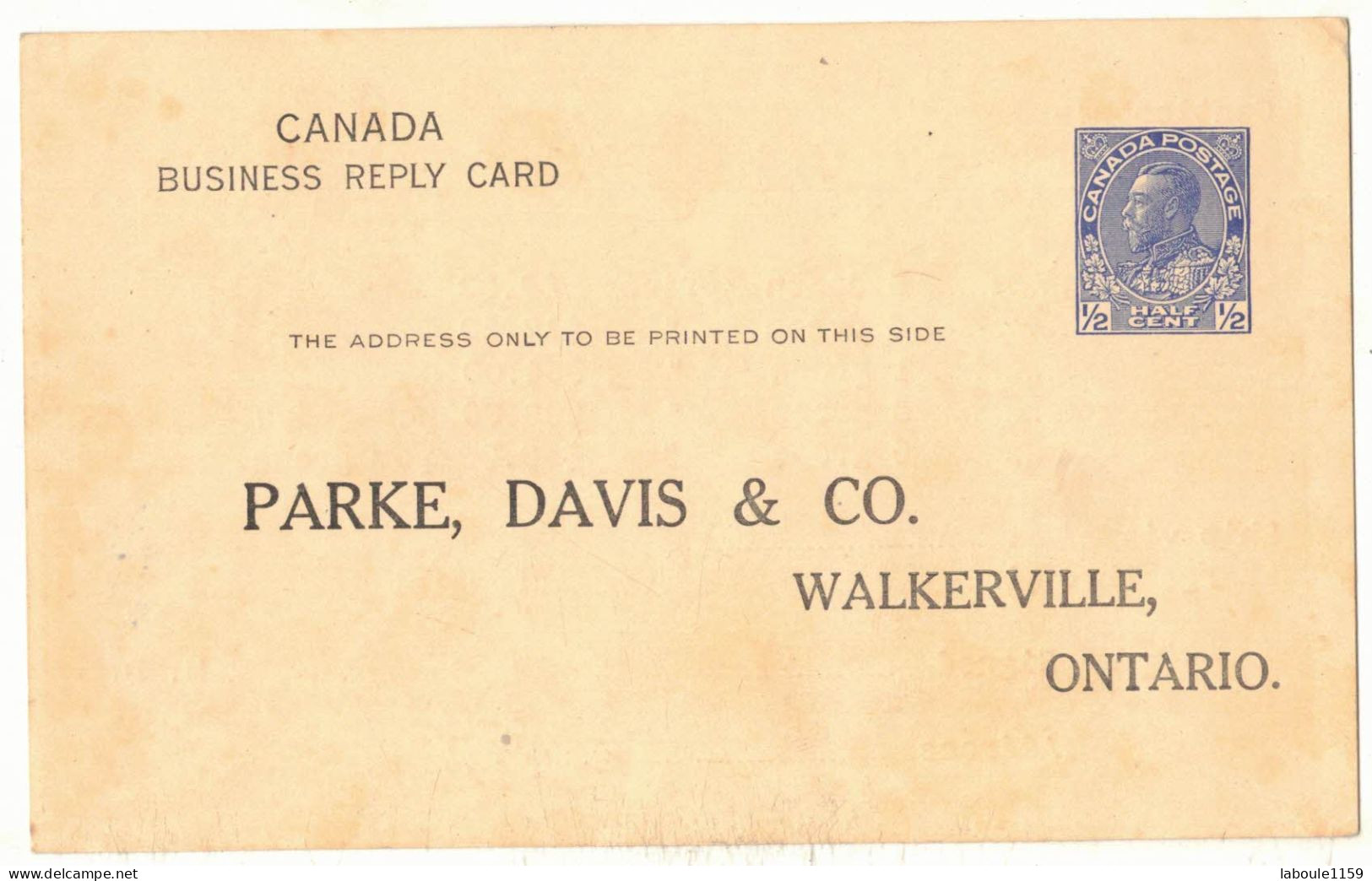 CANADA ENTIER POSTAL AVEC REPIQUAGE PARKE DAVIS & CO WALKERVILLE ONTARIO CANADA BUSINESS REPLY CARD AVEC V° BON COMMANDE - 1903-1954 Kings