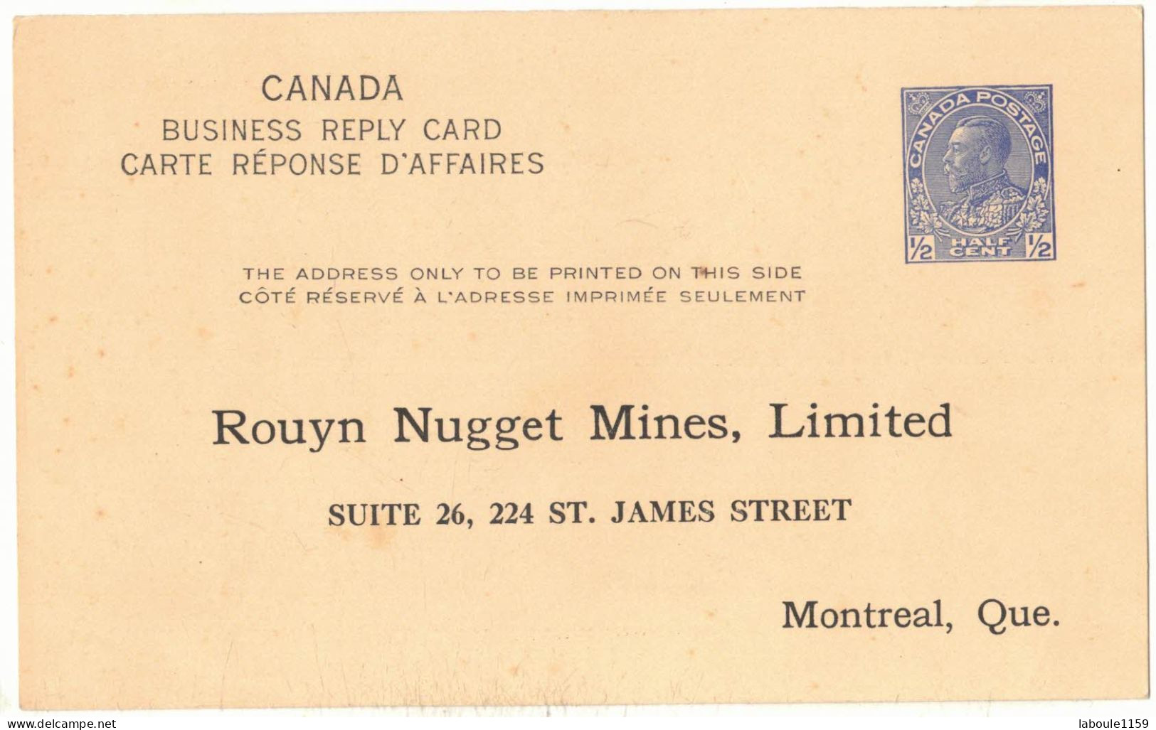 MONTREAL QUEBEC ENTIER POSTAL AVEC REPIQUAGE ROUYN NUGGET MINES CANADA BUSINESS REPLY CARD CARTE REPONSE D'AFFAIRES - 1903-1954 Kings