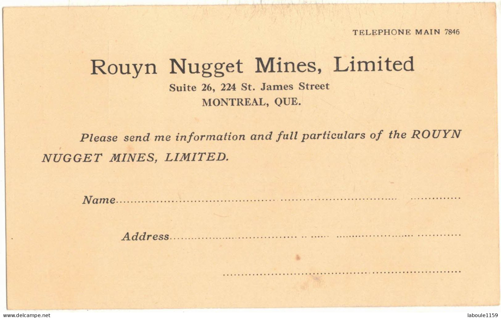 MONTREAL QUEBEC ENTIER POSTAL AVEC REPIQUAGE ROUYN NUGGET MINES CANADA BUSINESS REPLY CARD CARTE REPONSE D'AFFAIRES - 1903-1954 De Koningen