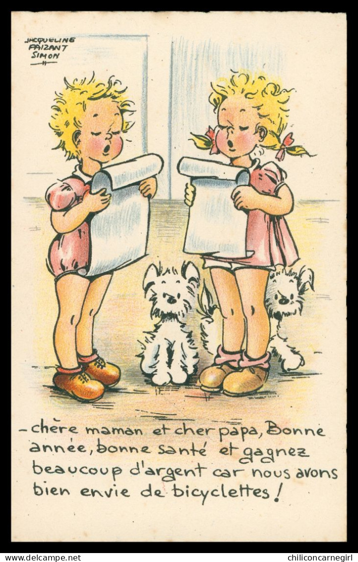 * Illustration - Illustrateur - JACQUELINE FAIZANT SIMON - " Chère Maman Papa .... Bicyclettes " - Enfants Chiens - FOX - Faizant