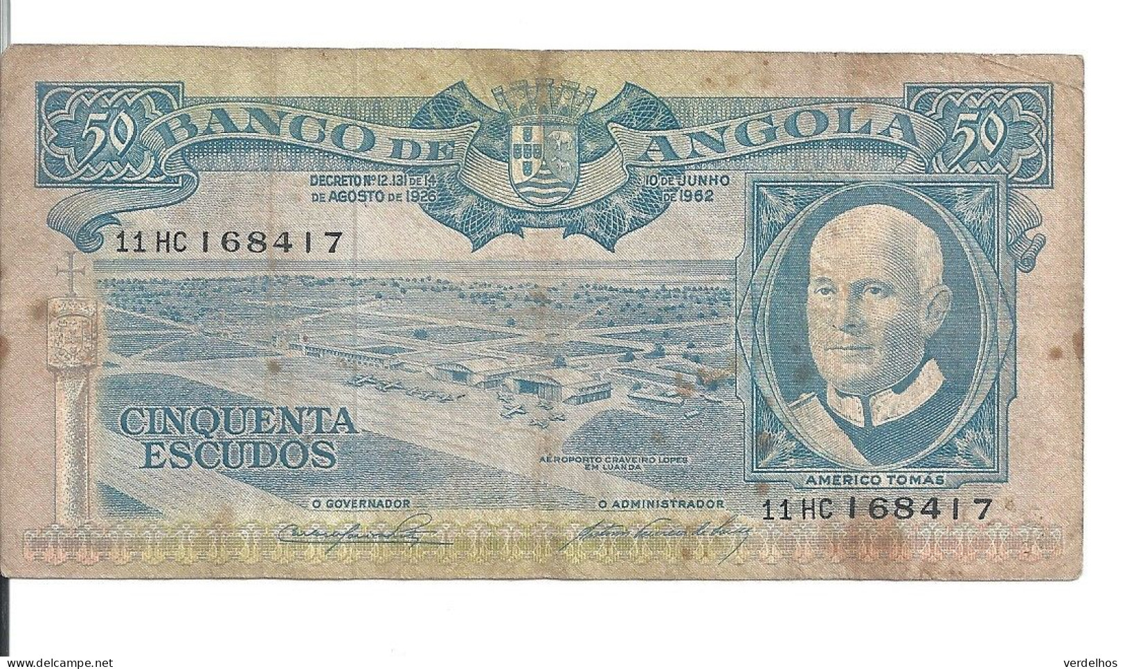 ANGOLA 50 ESCUDOS 1962 VG+ P 93 - Angola