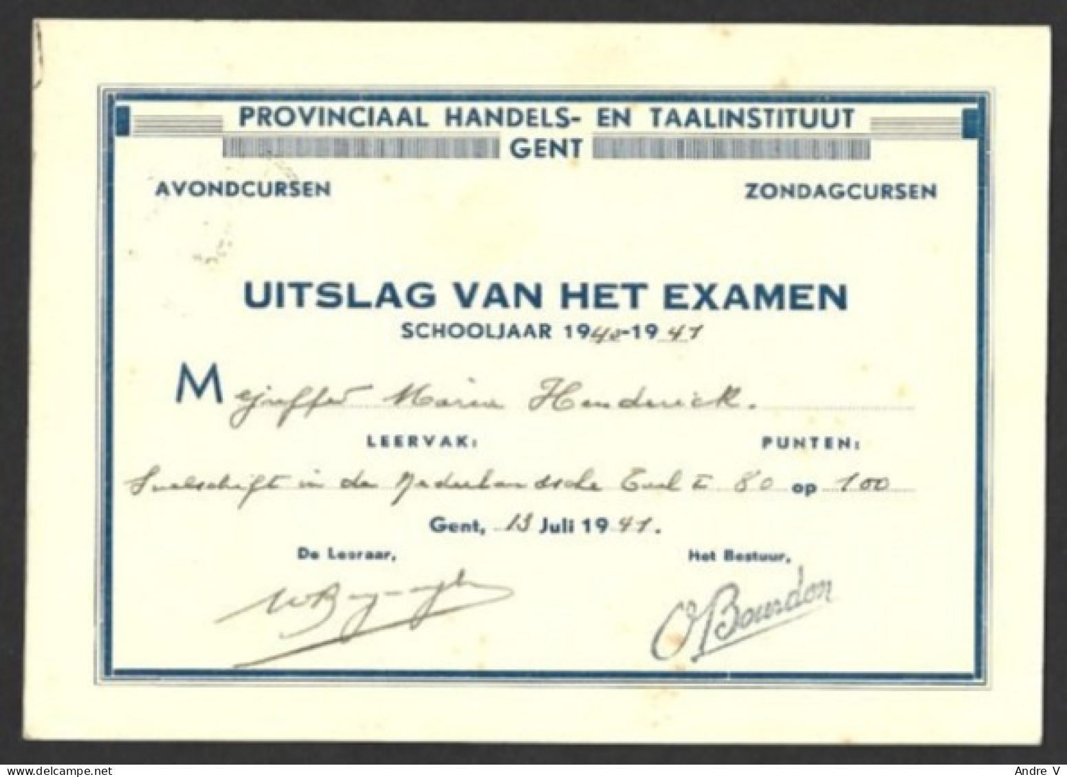 Uitslag Examen 1941 - Diplômes & Bulletins Scolaires