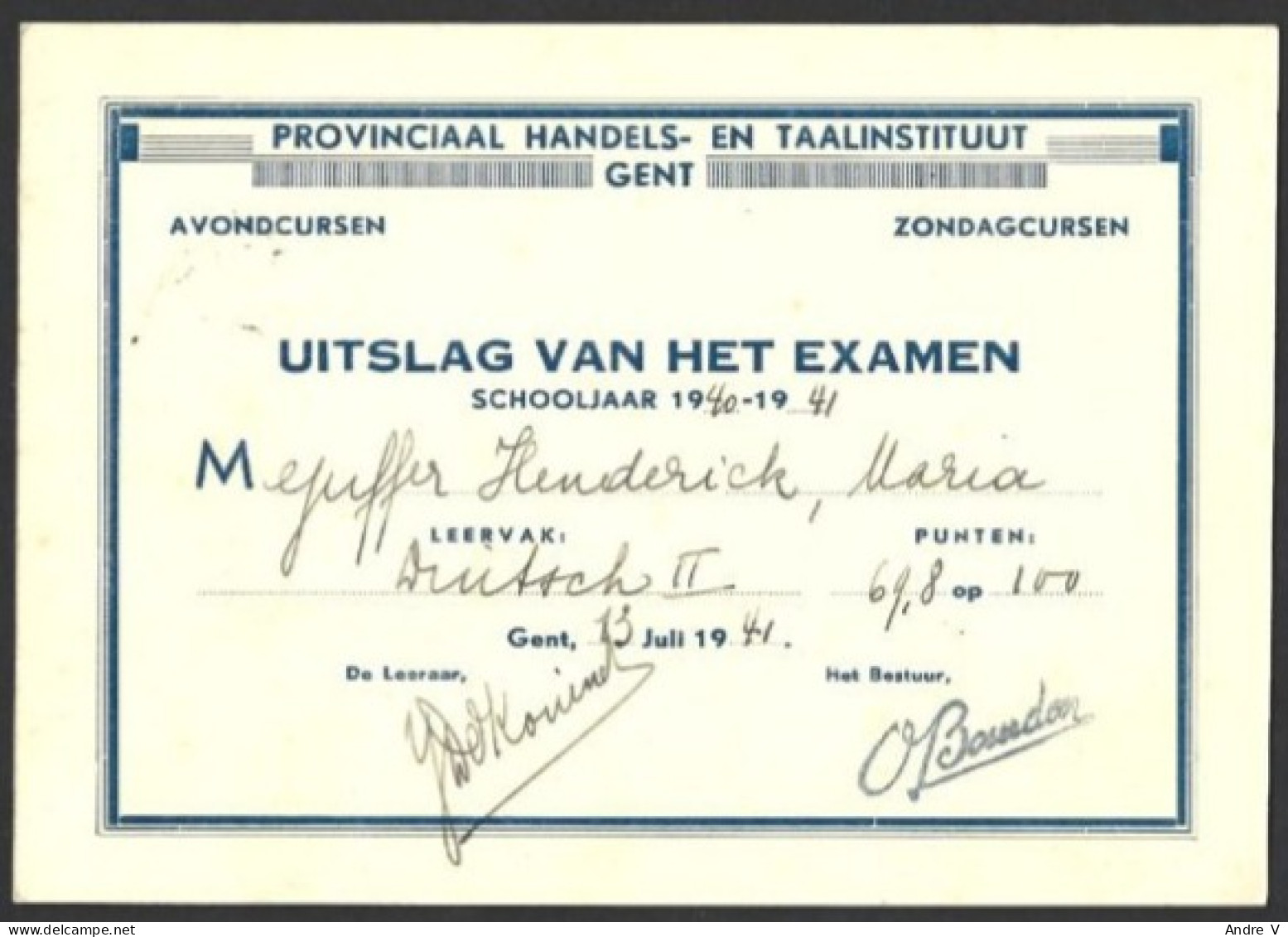 Uitslag Examen 1941 - Diplômes & Bulletins Scolaires