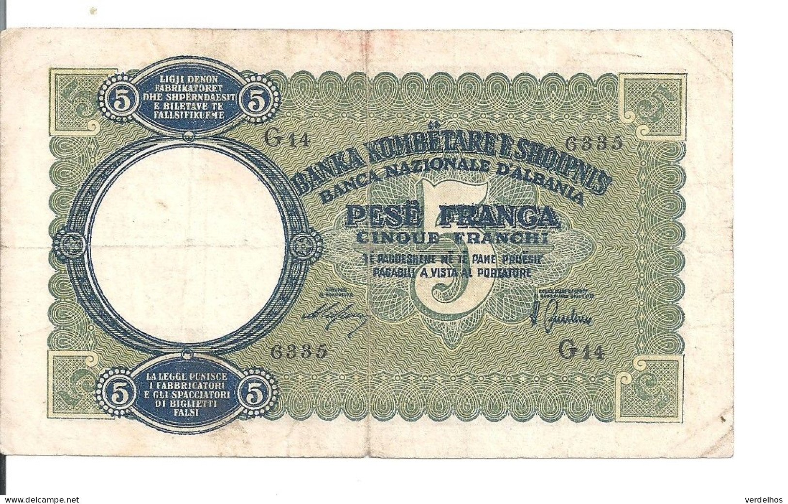 ALBANIE 5 FRANGA ND1939 VF P 6 - Albanien