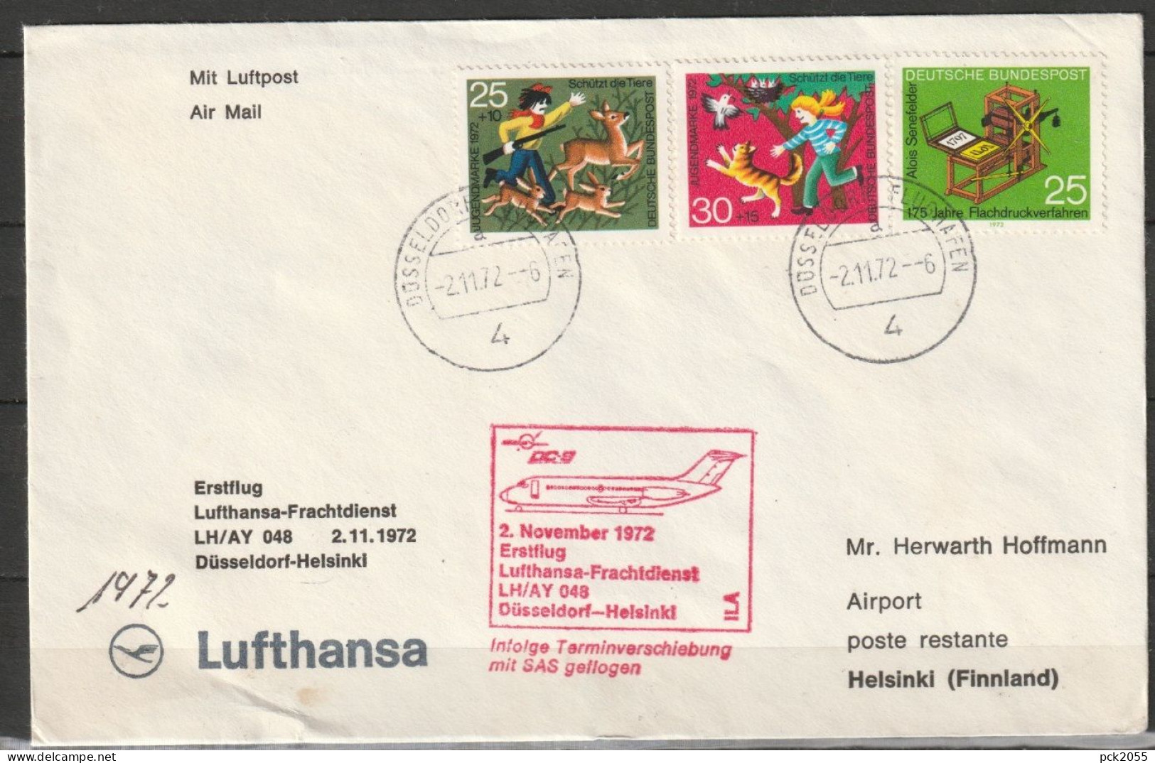 BRD Flugpost /Erstflug LH/AY 048 DC9 Düsseldorf - Helsinki  2.11.1972 Ankunftstempel 2.11.72 (FP 191) - Primi Voli