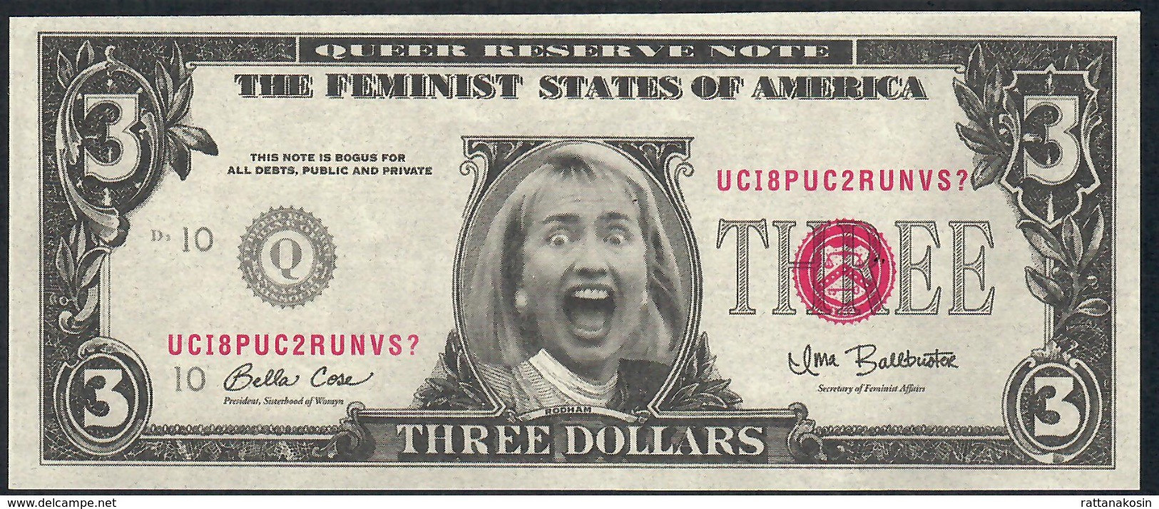 U.S.A. FANTASY NOTE NLP 3  DOLLARS  1996 RODHAM  FEMINIST STATES OF AMERICA UNC. - Andere & Zonder Classificatie