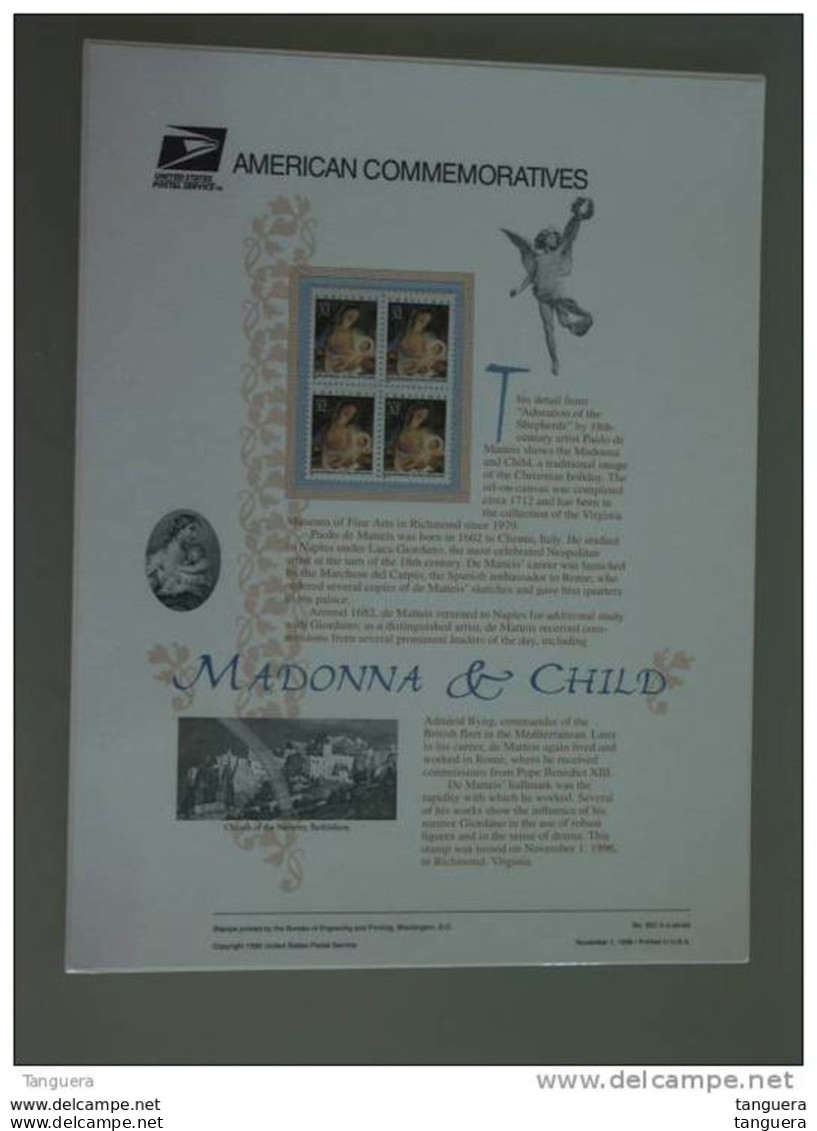 USA Etats-Unis United States American Commemoratives Panel 1996 N° 502 Madonna & Child - Recordatorios