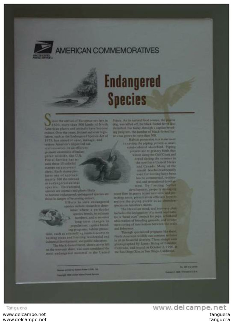 USA Etats-Unis United States American Commemoratives Panel 1996 N° 499 Endagered Species Stamps PANE - Souvenirkarten