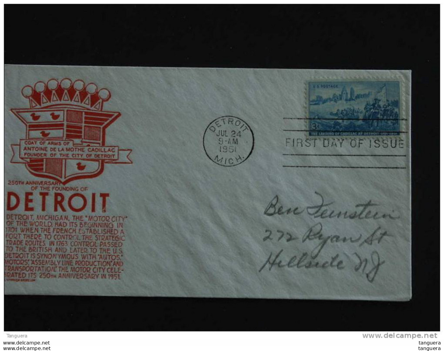 USA Etats-Unie United States 1951 Jul 24 FDC Landing Of Cadilac Detroit Auto Yv 551 Sc 1000 - 1951-1960