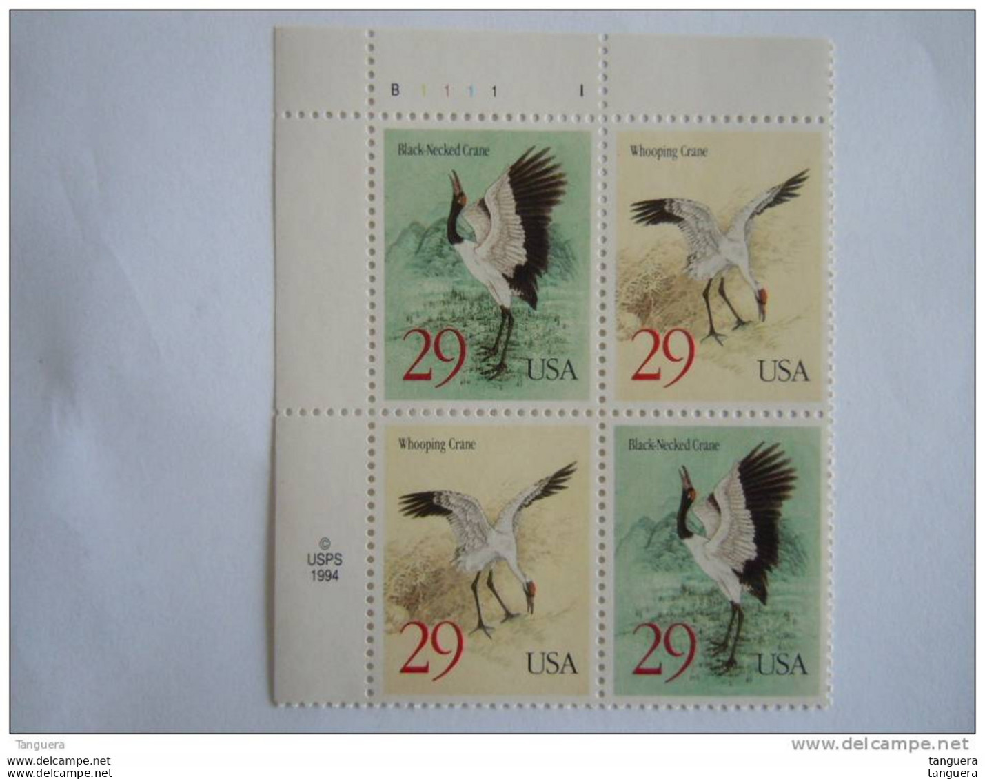 USA Etats-Unis D'Amerique United States 1994 Crane Grues Kraanvogels Oiseaux Bloc Of 4 Plate B 1111 Yv  2281-2282 MNH ** - Plattennummern