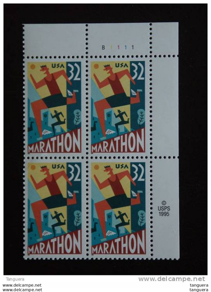 USA Etats-Unis United States 1996 Marathon Block Of 4 Sc # 3067 Yv 2485 MNH ** Plate N° B1111 - Plattennummern